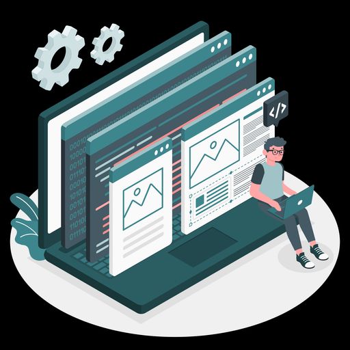 Web developer coding on a his computer, writing website code while sitting on a huge computer